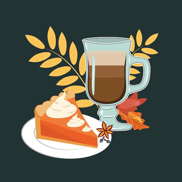 Pumpkin pie with coffee Autumn menu High quality vector illustration