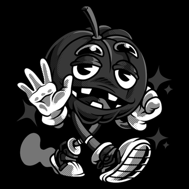 Vector pumpkin retro cartoon in black and white illustration