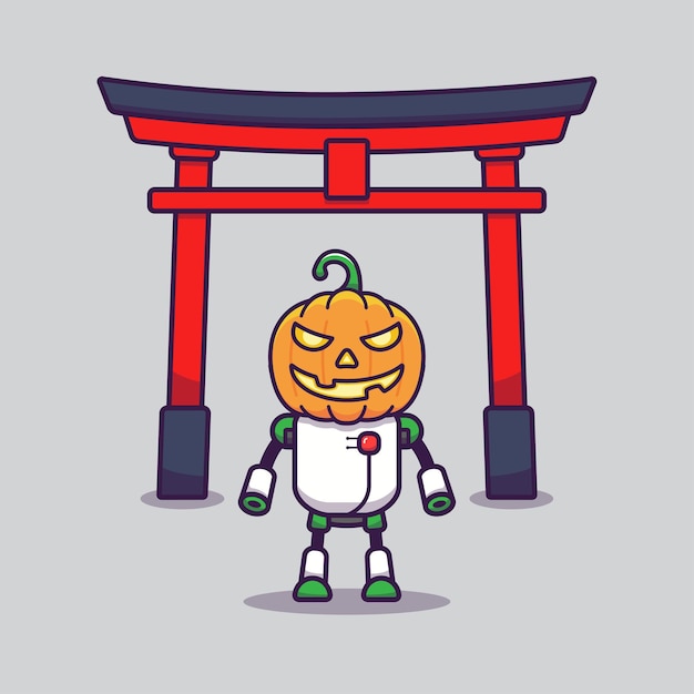 Pumpkin robot with torii gate isolated on grey