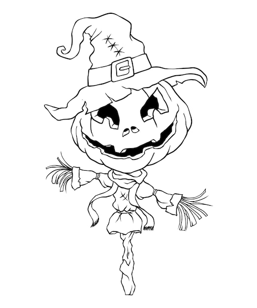 Pumpkin Scarecrow in a Witch Hat Coloring Page