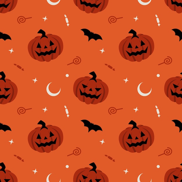 pumpkin seamless pattern vector halloween background with bat, trick or treat candy and moon