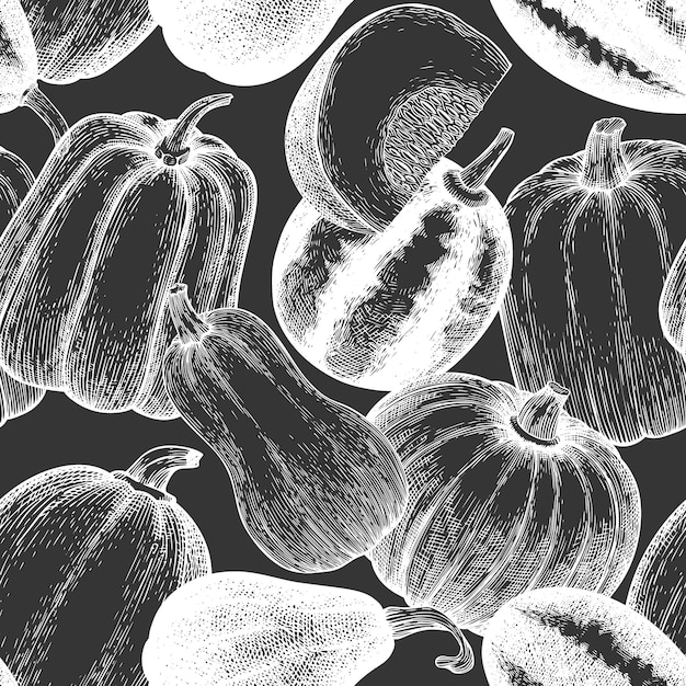 Pumpkin seamless pattern. Vector hand drawn illustrations on chalk board. Thanksgiving backdrop in vintage style with pumpkin harvest. Autumn background.