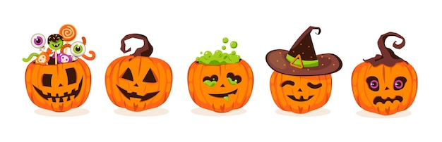 Pumpkin set for Halloween. Orange pumpkins with a scary smile of joy carved, with sweets