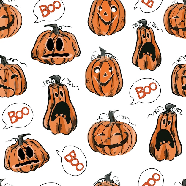 Pumpkin set on white background seamless pattern