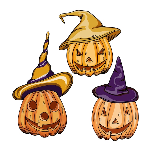 Pumpkin Set in witch hat set on white background Orange pumpkin with smile for your design for the holiday Halloween Vector illustration