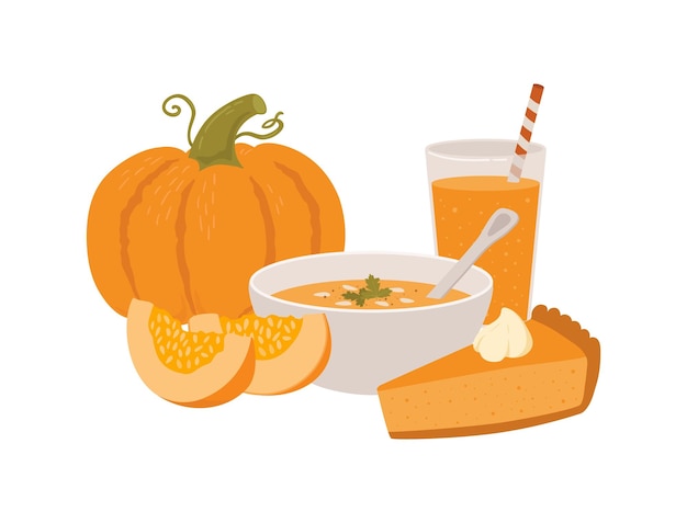 Pumpkin soup pie smoothie and squash isolated on white background organic food vector illustration