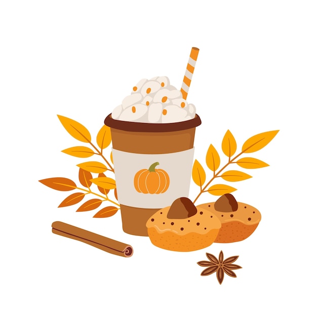 Pumpkin spice latte and cupcake cartoon vector illustration Hand drawn autumn season dessert drink and leaves composition