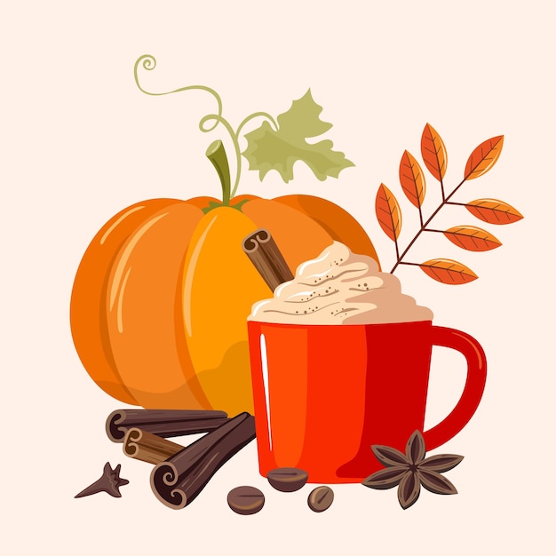 Pumpkin spice latte. A large pumpkin and a fragrant spicy drink in a mug. Delicious autumn illustration.