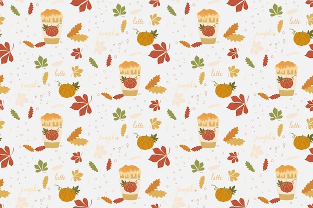 Vector pumpkin spice latte vector background pumpkin coffee and garden foliage decorative seamless pattern autumn seasonal illustration with botany elements and warm drink isolated on white for template