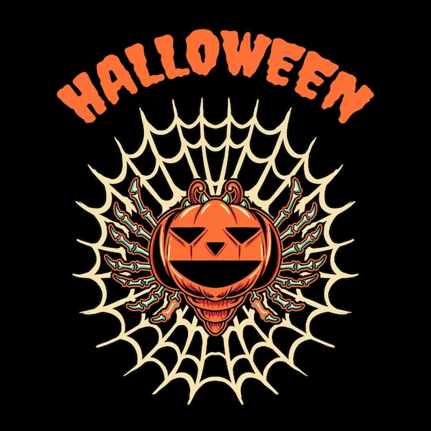 Pumpkin Spider Halloween  Vector Illustration