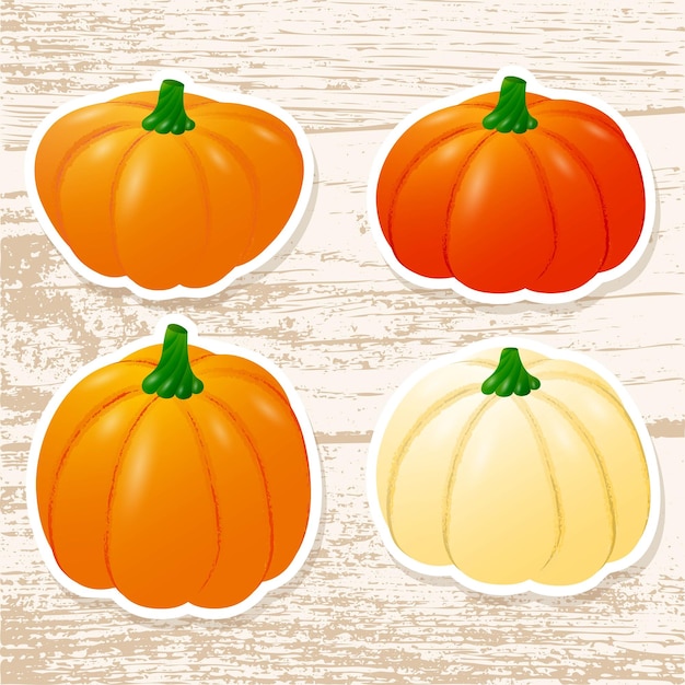 Pumpkin sticker set for Halloween or Thanksgiving. Cute stickers with vegetables on a wooden