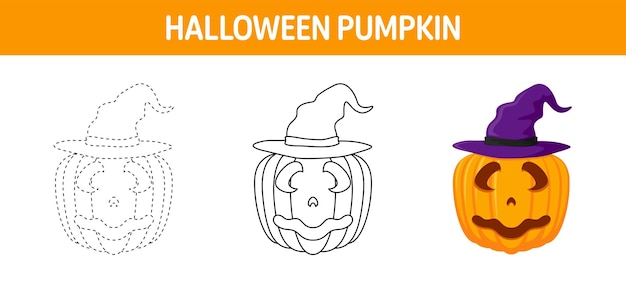 Pumpkin With Hat tracing and coloring worksheet for kids