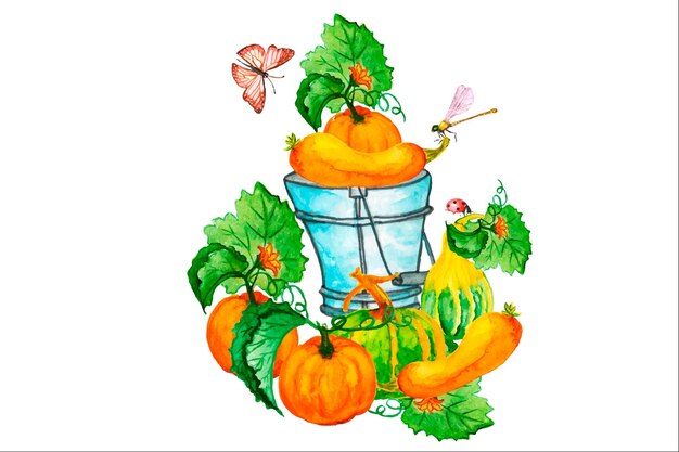 Pumpkin with sunflower flowers.Watercolor illustration in boho style.