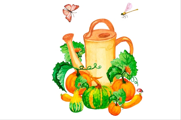 Pumpkin with sunflower flowers.Watercolor illustration in boho style.