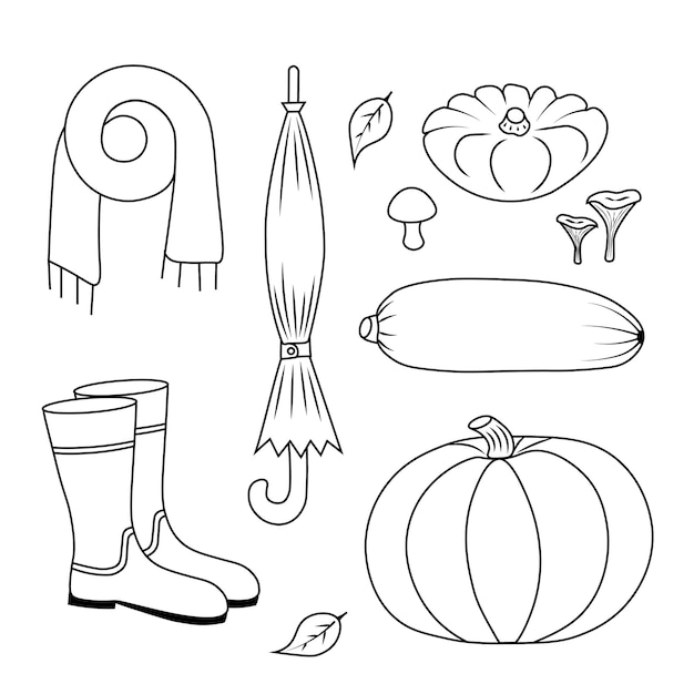 Pumpkin zucchini squash mushrooms umbrella scarf boots harvesting set Hand drawn illustration for printing greeting cards posters stickers textile and seasonal design