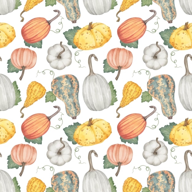 Pumpking harvest watercolor seamless pattern Fall farmhouse bac