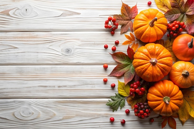 Vector pumpkins and autumn leaves on a old wooden table