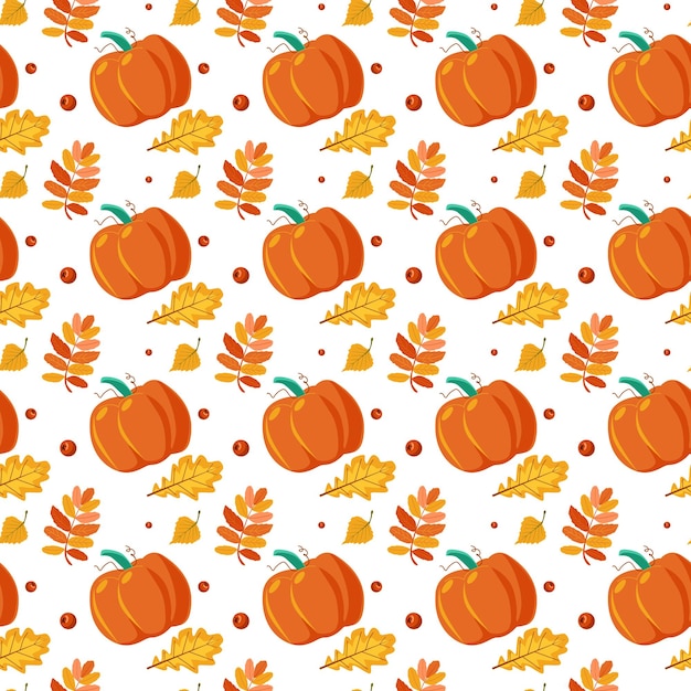 Pumpkins and autumn leaves pattern Hand drawn illustration Repeat background for wallpaper