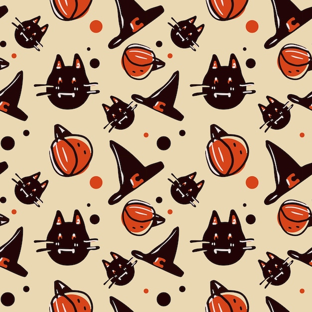 Pumpkins and black cats Seamless pattern for Halloween Fabric pattern sticker wrapping paper banner background