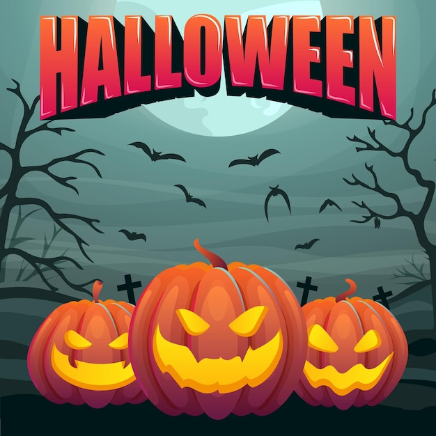 Pumpkins on the cemetery background. Halloween banner for social networks. Vector.