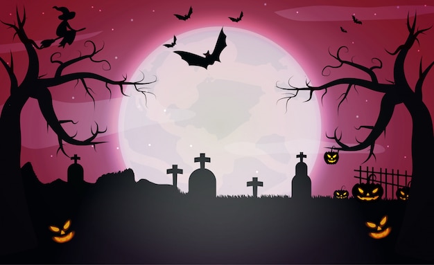 pumpkins and dark castle on red Moon halloween background. 