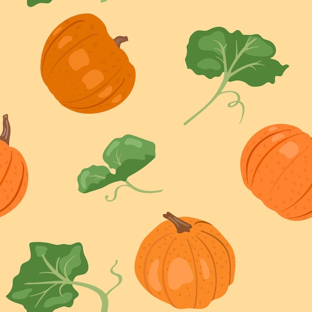 Pumpkins and leaves on beige background seamless pattern. Hand drawn vector illustration.