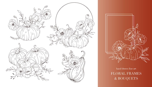 Vector pumpkins with wildflowers line art illustration outline pumpkin arrangement