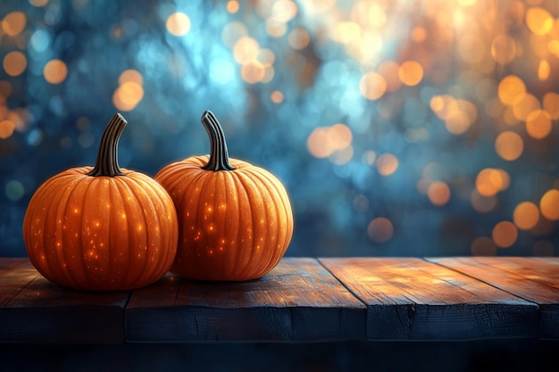 Vector pumpkins on a wooden table with the sun shining through the window