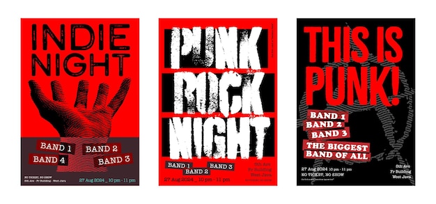 Vector punk rock night music poster set for gigs or festival pop and rock genre paper texture background