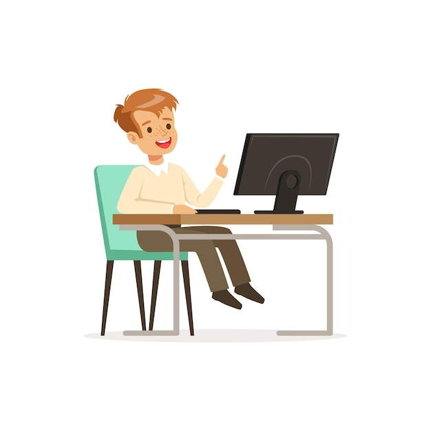 Pupil of elementary school sitting at computer informatics lesson at school vector Illustration on a white background