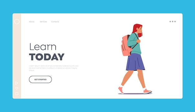 Pupil Girl Landing Page Template Schoolgirl Wear Uniform and Rucksack Go School Student Female Character Walk