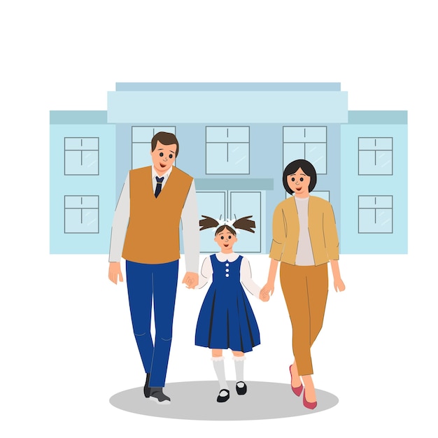 A pupil goes to school with his or her parents at the beginning of the school year