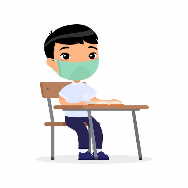 Pupil at lesson with protective mask on his face flat illustrations. Asian schoolboy is sitting in a school class at her desk. Virus protection concept.