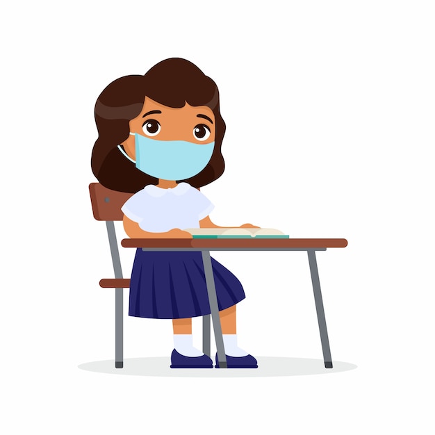 Pupil at lesson with protective mask on his face flat vector illustrations set. Dark skin schoolgirl is sitting in a school class at her desk. Virus protection, allergies concept.