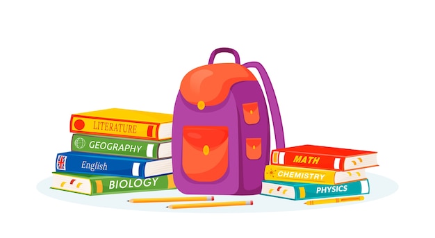 Pupil rucksack and textbooks    illustration. Natural and formal sciences learning. High school subject metaphor. Student backpack, stationery and books  cartoon objects