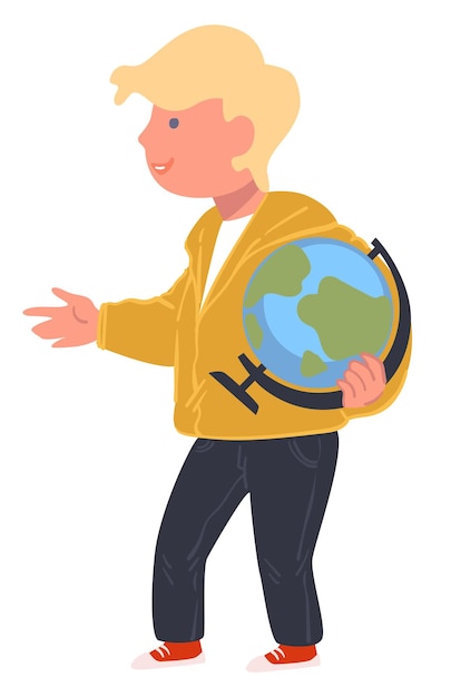 Pupil studying in school or college, isolated schoolboy holding globe preparing for geography lesson. Gesturing student explaining facts about planet. Kid or teenager obtaining knowledge, vector