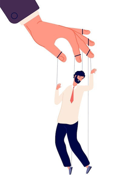 Puppet businessman. Manipulating human, hand control marionette.