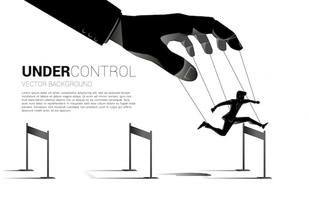 Puppet Master controlling Silhouette of businessman run and jumping across hurdles obstacle. Concept of manipulation and micromanagement