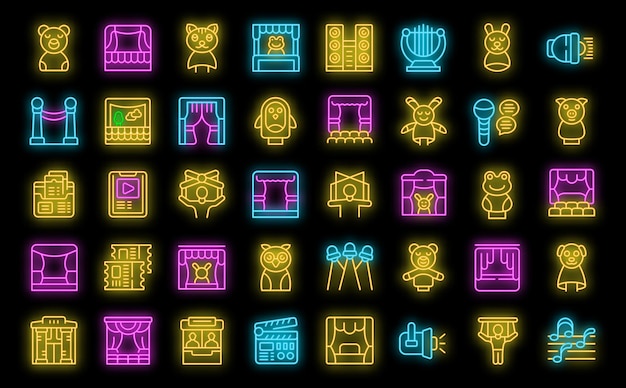 Puppet theater icons set vector neon