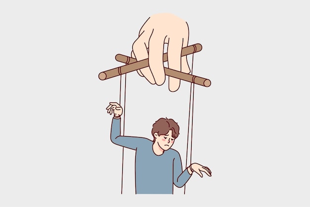 Puppeteer hand manipulating sad man