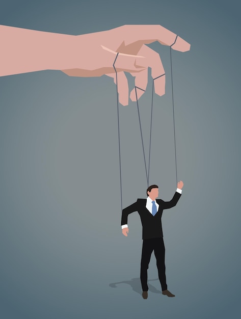 Puppeteer hands controlling puppets manipulator concept Employer domination exploitation or author