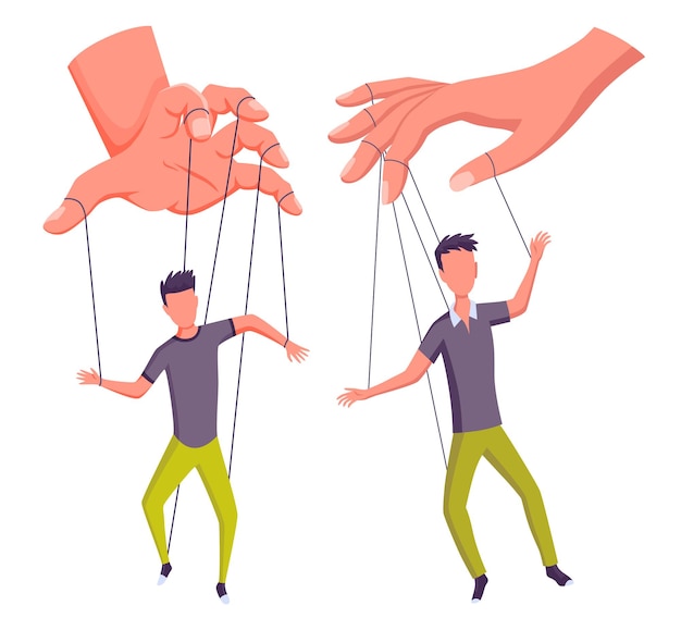 Puppeteer hands controlling puppets manipulator concept Worker being controlled by puppet master Manipulates peopl like a puppets Employer domination exploitation or authority manipulator