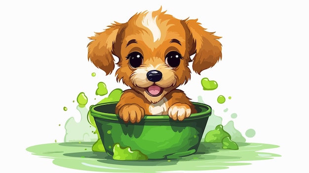 a puppy in a bowl of water with a green bowl