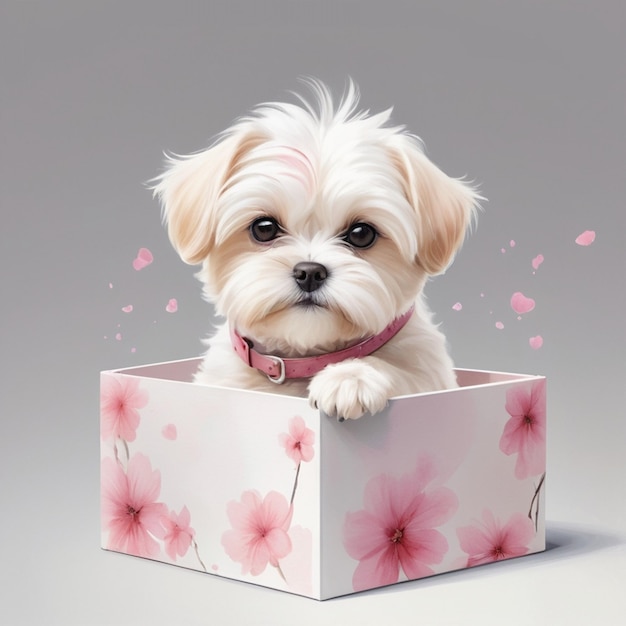 a puppy in a box with pink flowers and a pink collar