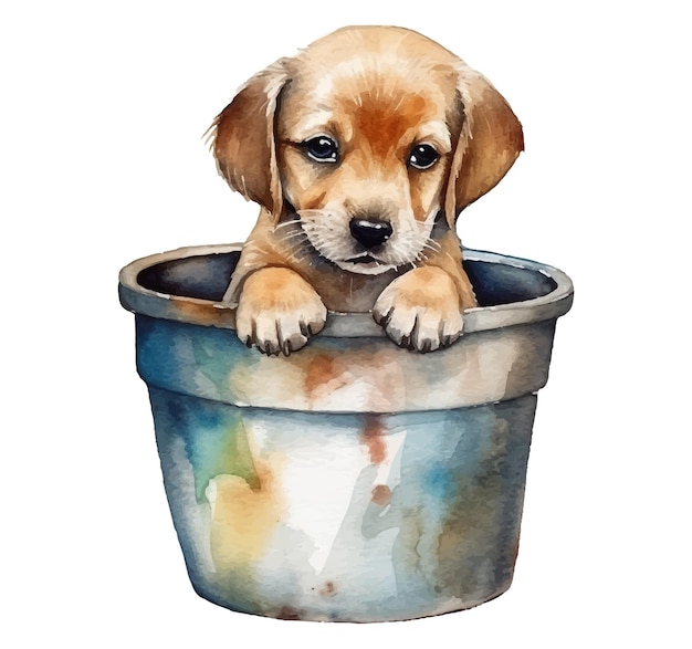 Puppy in a flower pot watercolor