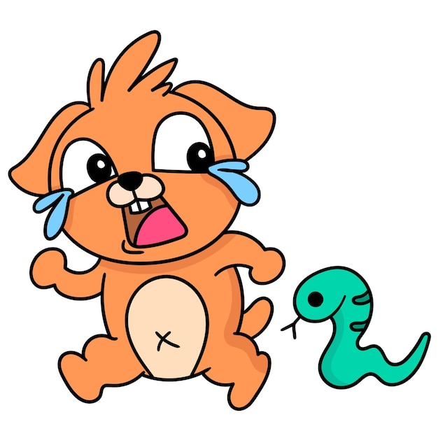 The puppy runs scared crying being chased by the snake, doodle draw kawaii. vector illustration art