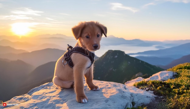 Vector a puppy sits on a rock with the sun setting behind him