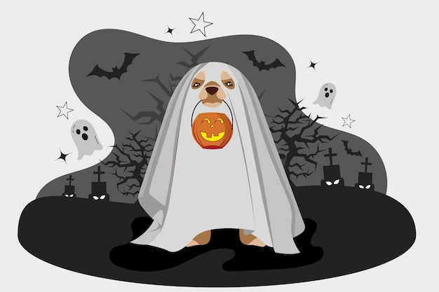 Vector a puppy with a white cloth covering his head and body and a halloween pumpkin hanging from his mouth is celebrating halloween night in a cemetery