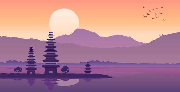 Pura ulan danu famous pagoda of Indonesia in bali island in silhouette designvector illustration