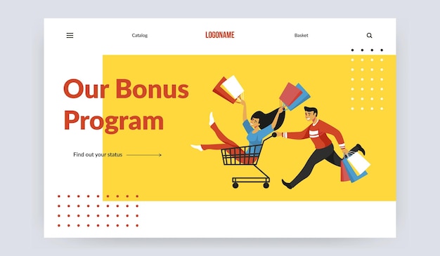 Purchase landing page Loyalty and reward promotion product advertising and bonus program Online shopping service with logo place buttons for catalog and basket Vector website cartoon customers